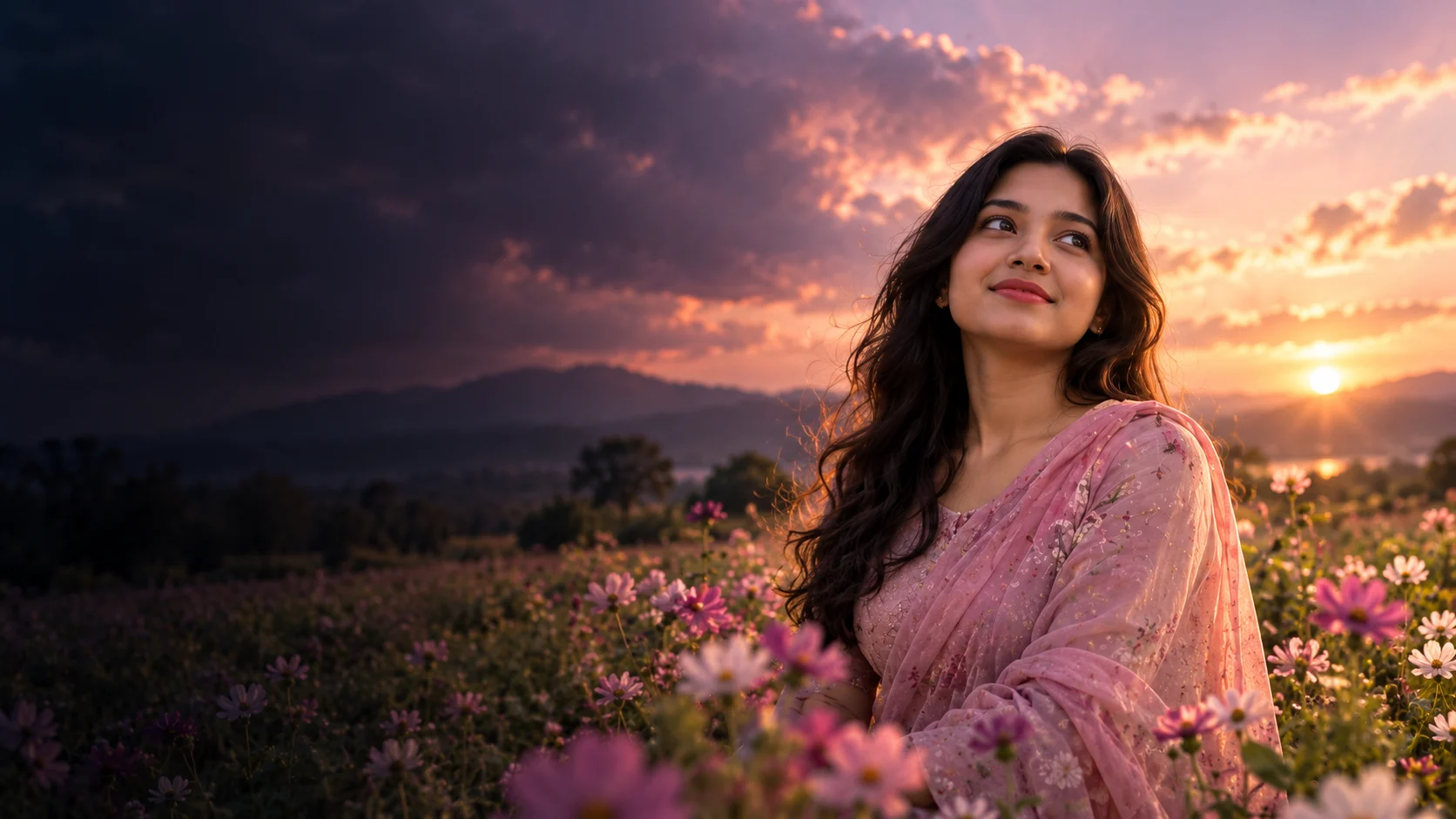 Development artwork: a woman in a rose sari standing in a sunset flower field