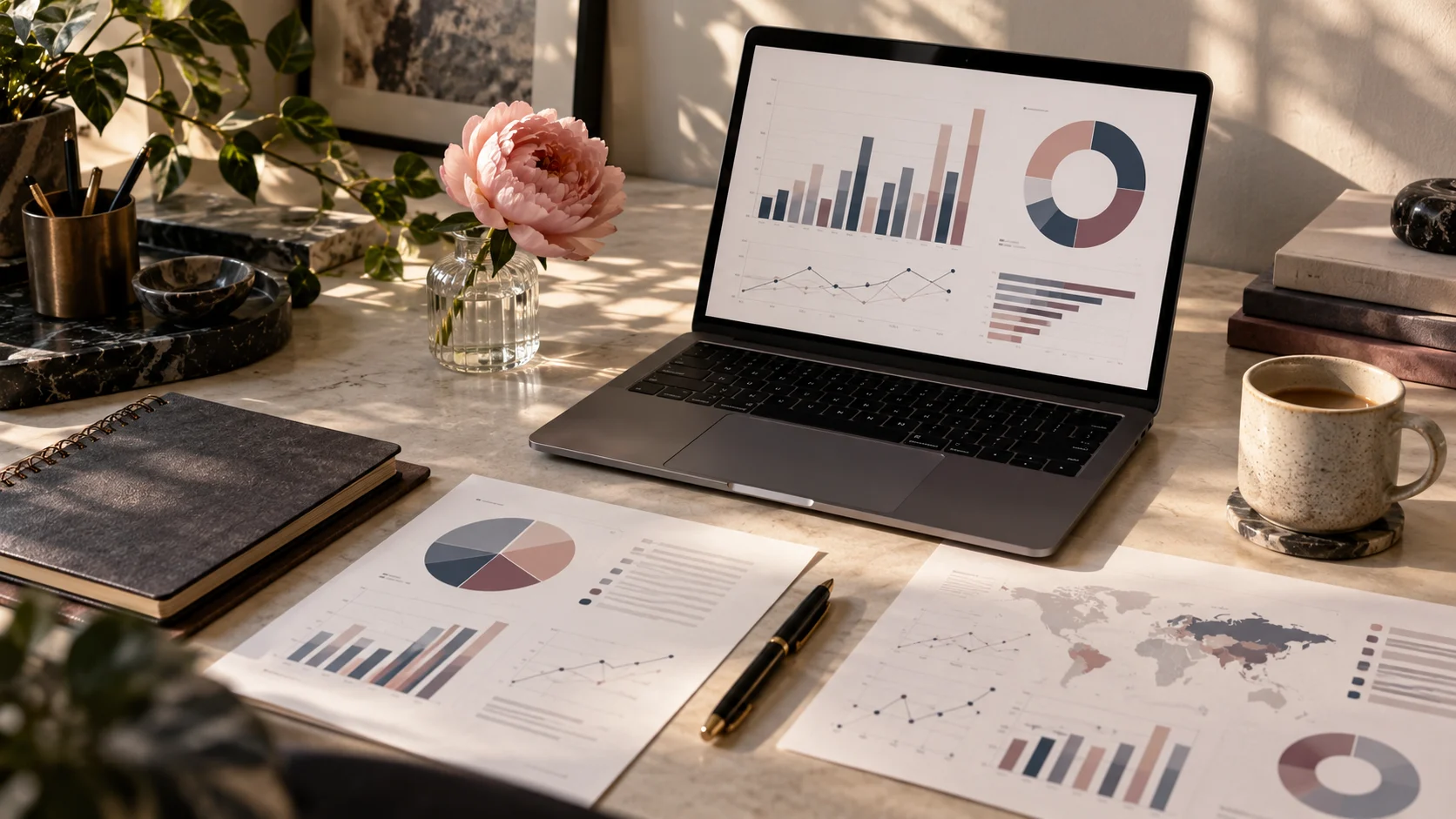 Development artwork of a research desk with charts and a laptop